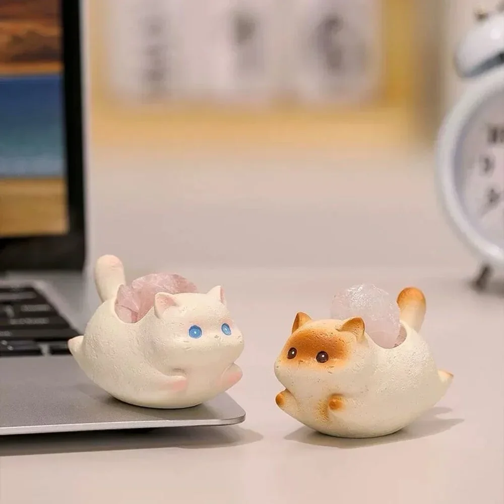 Cute Cat Crystal Figurines – Resin Desk Decor with Natural Stones